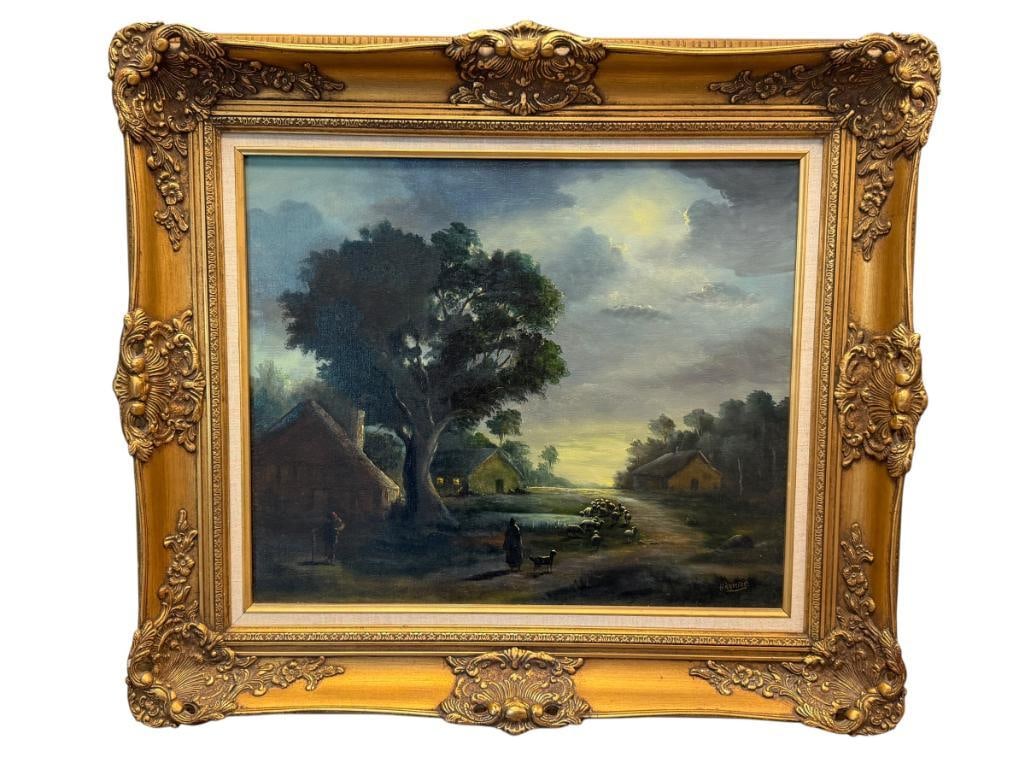 HENRY RAMIREZ ARGENTINIAN ARTIST ORIGINAL OIL ON CANVAS PAINTING SHEEP HERDER / LANDSCAPE: 20TH CENTURY ARTIST, ART DEPICTS SHEEP HERDER WITH LANDSCAPE BACKGROUND, SIGNED LOWER RIGHT, FRAMED 29" X 33" FRAME