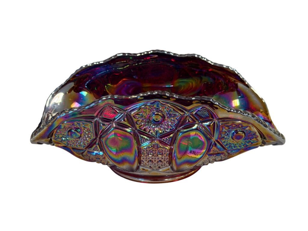VINTAGE L.E. SMITH RUBY RED CARNIVAL GLASS BANANA BOAT HERITAGE SUNBURST BOWL (1 of 7)