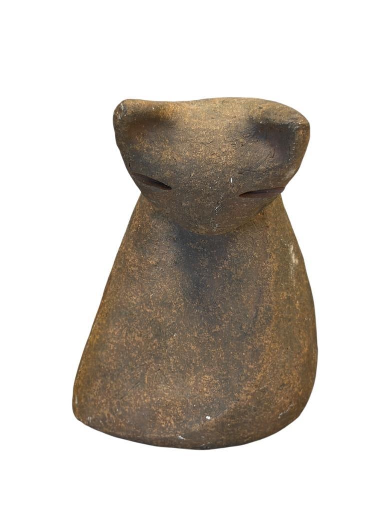 JOHN H. SEYMOUR MODERNIST 20TH CENTURY POTTERY BROWN STONEWARE CAT SCULPTURE: STYLIZED MODERN CAT SCULPTURE, SIGNED ON THE BOTTOM EDGE, LIGHT WHITE COLORED SCUFFS, NO CHIPS OR CRACKS 8 1/2" H