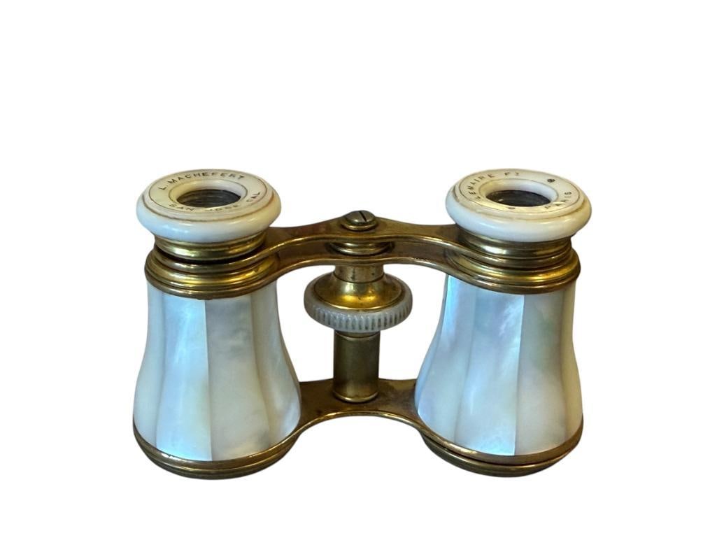 EARLY 20TH CENTURY LE MAIRE FRENCH BRASS OPERA GLASSES WITH MOTHER OF PEARL WRAPPED BARRELS (1 of 5)