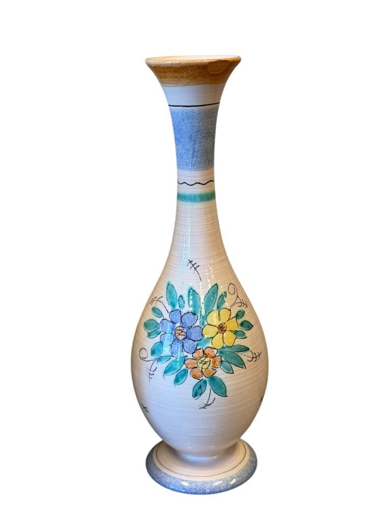 20TH CENTURY WAECHTERSBACH GERMAN MADE POTTERY TALL FLUTED BUD VASE: HAND PAINTED FLORAL DESIGN NO. DEC 6119, CHIP ON THE BOTTOM EDGE OF THE RIM 12 1/4" H