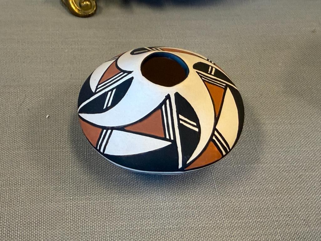 ACOMA NEW MEXICO MINIATURE POTTERY SEED POT SIGNED WITH GEOMETRIC DESIGN - 2