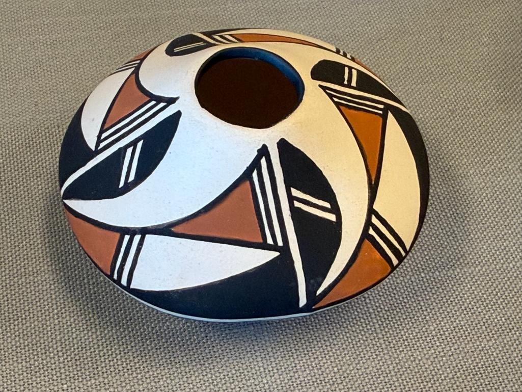 ACOMA NEW MEXICO MINIATURE POTTERY SEED POT SIGNED WITH GEOMETRIC DESIGN - 3