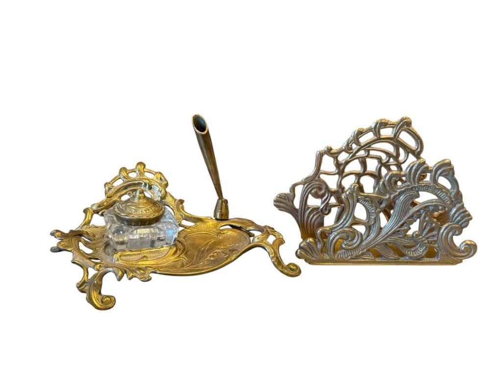 VICTORIAN STYLED BRASS ELABORATE INK WELL AND MAIL / LETTER HOLDER (1 of 9)