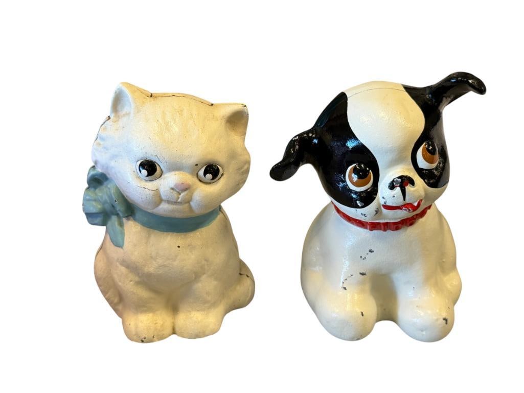 VINTAGE CAST IRON HUBLEY KITTY AND FIDO STILL COIN BANKS CIRCA 1930'S - 1940'S: BOTH WITH ORIGINAL PAINT, SOME PAINT WEAR / CHIPS 5" H