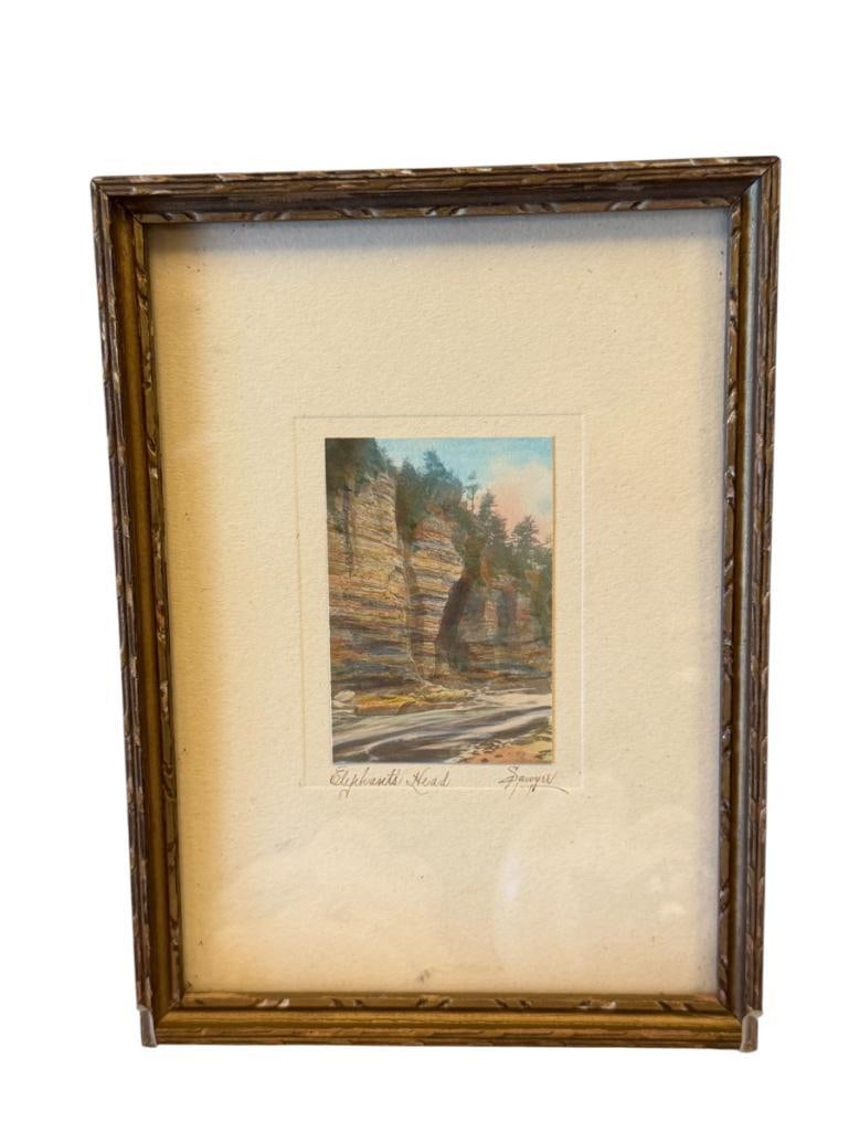 CHARLES H. SAWYER AMERICAN PHOTOGRAPHER HAND COLORED ANTIQUE PHOTOGRAPH ELEPHANT HEAD IN ARIZONA: CHARLES SAWYER (1868-1954) AMERICAN ARTIST KNOWN FOR HIS PHOTOGRAPHS OF THE UNITED STATES AND CANADA LANDSCAPES, PHOTOGRAPH DEPICTS STEEP MOUNTAINS IN FORM OF AN ELEPHANT HEAD WITH RUSHING RIVER, SIGN