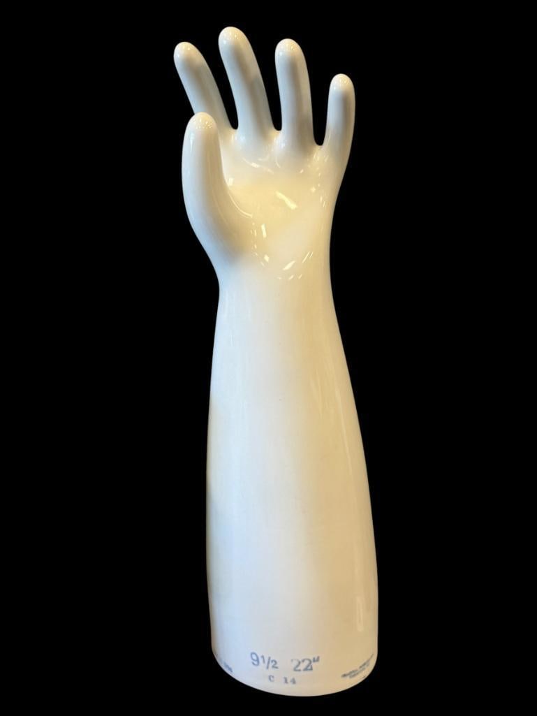 1994 GENERAL PORCELAIN COMMERCIAL RUBBER GLOVE MOLD NO. C14 TRENTON, NJ.: LARGE GLOVE MOLD MADE BY GENERAL PORCELAIN, MARKED ALONG THE BOTTOM EDGE WITH BLUE LETTERING 22" H