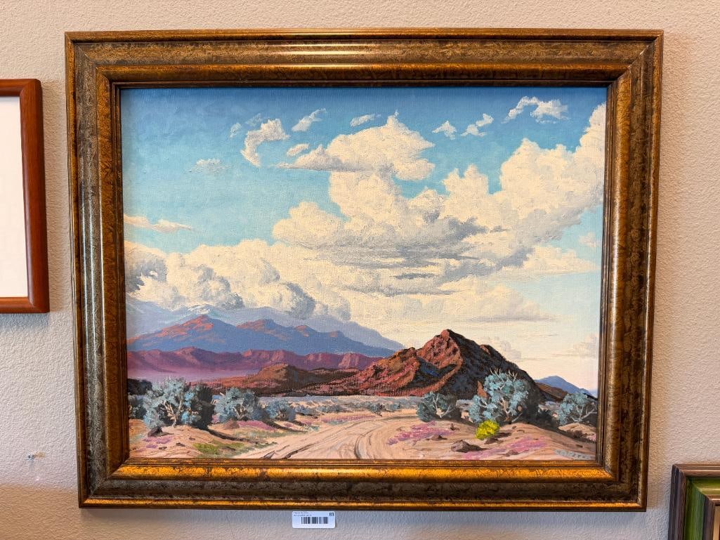 GEORGE CARTER PROLIFIC NEVADA ARTIST ORIGINAL OIL ON CANVAS ROAD TO NO WHERE LANDSCAPE: GEORGE CARTER (B. 1931) WAS A WELL-KNOWN ARTIST IN RENO, NV KNOWN FOR SETTLING BAR TABS WITH PAINTINGS AND FOR CAPTURING NEVADA LANDSCAPES, ART DEPICTS DESERT NEVADA LANDSCAPE WITH ROAD LEADING TO NO 
