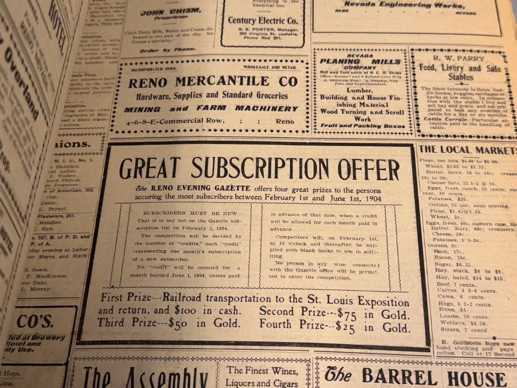 RENO GAZZETTE JOURNAL RENO, NV BOUND NEWS PAPERS FEB 1904 - JUNE 1904 - 15