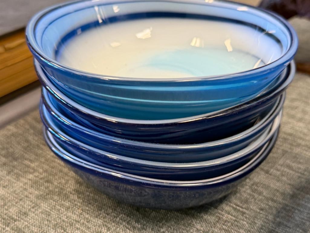 BLUE AND WHITE CASED HAND BLOWN ART GLASS SALAD BOWL SERVER WITH FIVE INDIVIDUAL BOWLS - 5