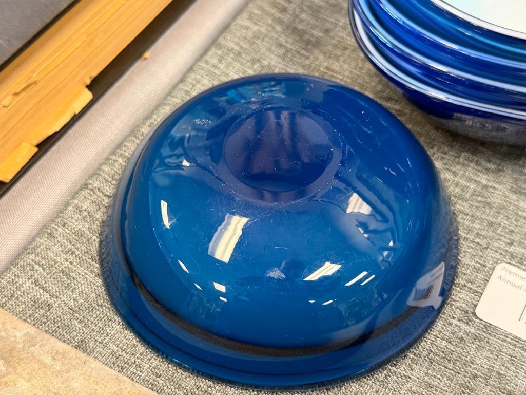 BLUE AND WHITE CASED HAND BLOWN ART GLASS SALAD BOWL SERVER WITH FIVE INDIVIDUAL BOWLS - 7