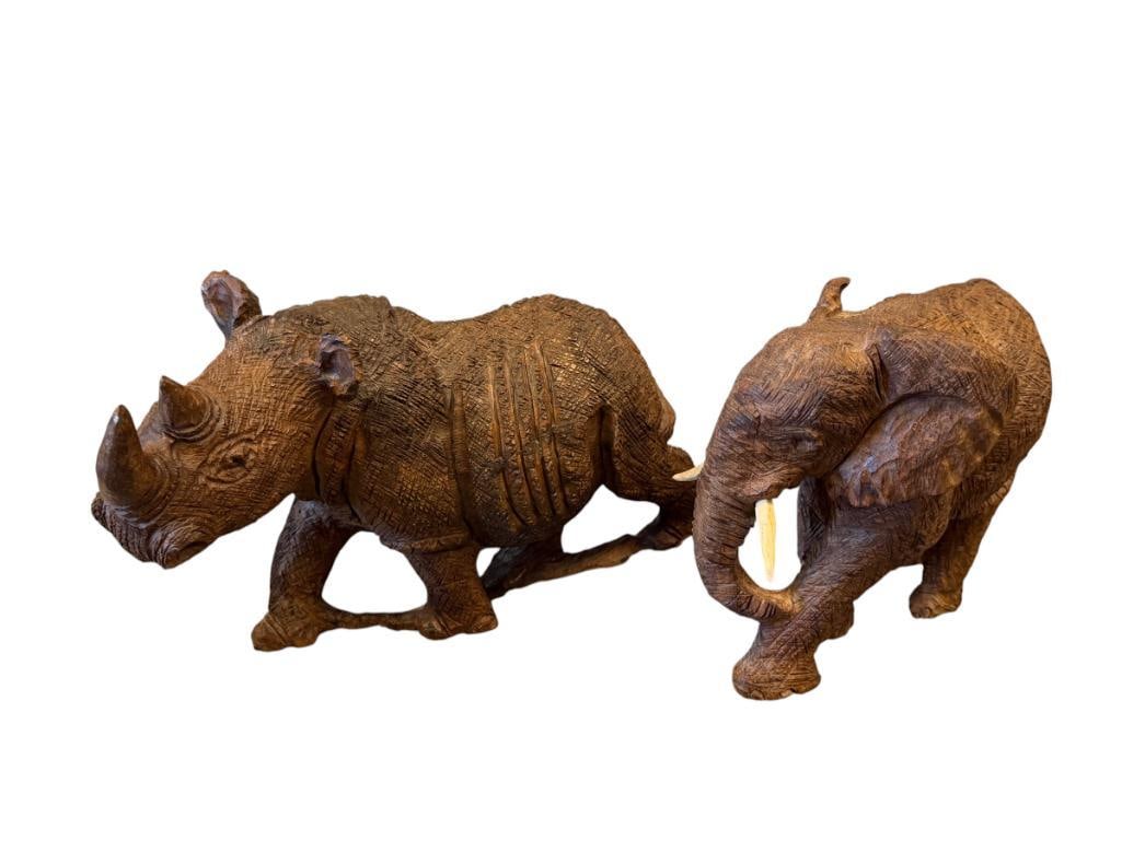 HEAVY SOLID CARVED WOOD AFRICAN ANIMALS ELEPHANRT AND RHINOCEROS SCULPTURES: ELEPHANT TUSKS PRESENT, NO MAJOR CHIPS OR WEAR 8" AND 11 12" L
