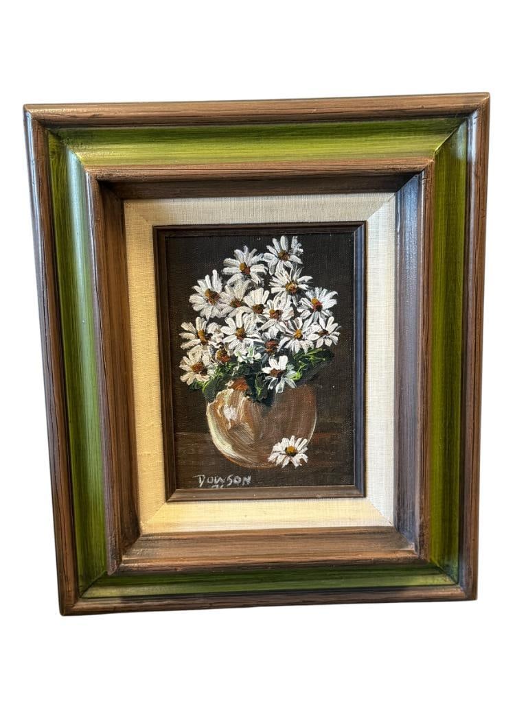 JOSEPH HAU'OLI DOWSON HAWAIIAN ARTIST ORIGINAL ACRYLIC ON CANVAS BOARD PAINTING STILL-LIFE: JOSEPH HAU'OLI DOWSON (1925-2013) WAS A HAWAIIAN BORN ARTIST WELL KNOWN IN THE COMMUNITY AS AN ARTIST AND TEACHER, ART DEPICTS FLORAL DAISIES STILL-LIFE, SIGNED LOWER RIGHT, DATED 1976,