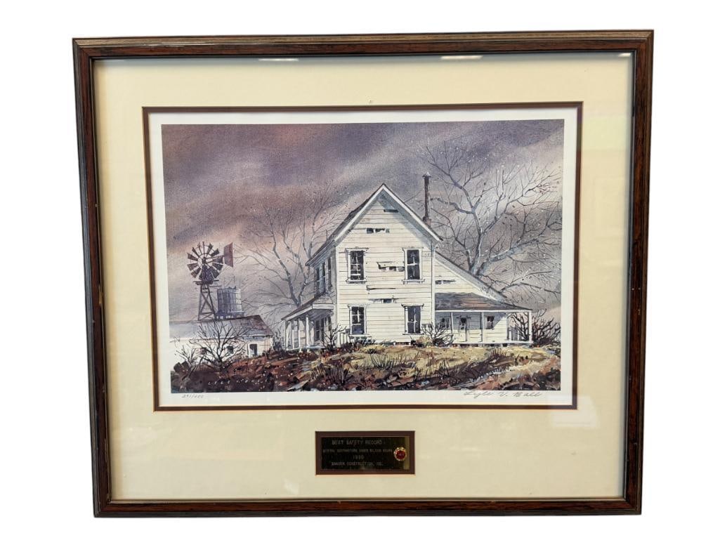 LYLE V. BALL RENOWN RENO, NV ARTIST LIMITED EDITION PRINT PRESENTED AS AN AWARD OR GIFT: LYLE V. BALL (1909-1992) WAS A WELL-KNOWN ARTIST IN NEVADA KNOWN FOR CAPTURING ARCHITECTURE THROUGH HIS PAINTINGS, ART DEPICTS FARM HOUSE WITH WINDMILL IN THE BACKGROUND, ENGRAVED PLAQUE ON THE