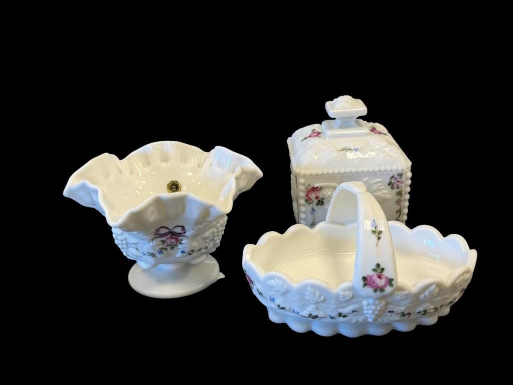 VINTAGE WESTMORE GLASS CO HAND PAINTED MILK GLASS BASKET, COVERD JAR AND RUFFLED RIM BOWL: EACH PIECE IS HAND PAINTED, TWO ARE SIGNED BY THE ARTIST, ON EACH ORIGINAL LABEL 5" AND 6" 