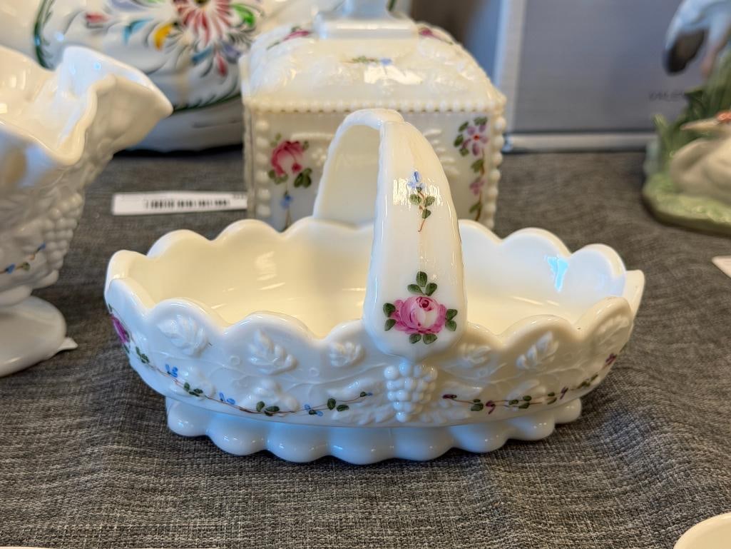 VINTAGE WESTMORE GLASS CO HAND PAINTED MILK GLASS BASKET, COVERD JAR AND RUFFLED RIM BOWL - 2