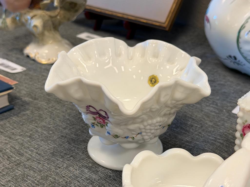 VINTAGE WESTMORE GLASS CO HAND PAINTED MILK GLASS BASKET, COVERD JAR AND RUFFLED RIM BOWL - 3
