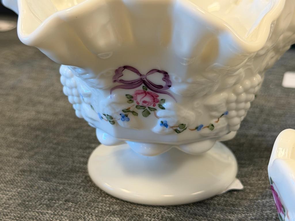 VINTAGE WESTMORE GLASS CO HAND PAINTED MILK GLASS BASKET, COVERD JAR AND RUFFLED RIM BOWL - 6