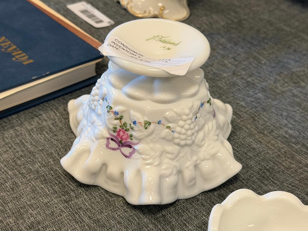 VINTAGE WESTMORE GLASS CO HAND PAINTED MILK GLASS BASKET, COVERD JAR AND RUFFLED RIM BOWL - 8