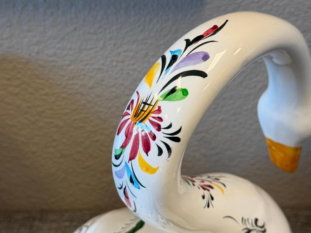R.C. & CAL. HAND PAINTED PORTUGAL POTTERY SWAN PLANTER WITH COLORFUL MOTIF - 11