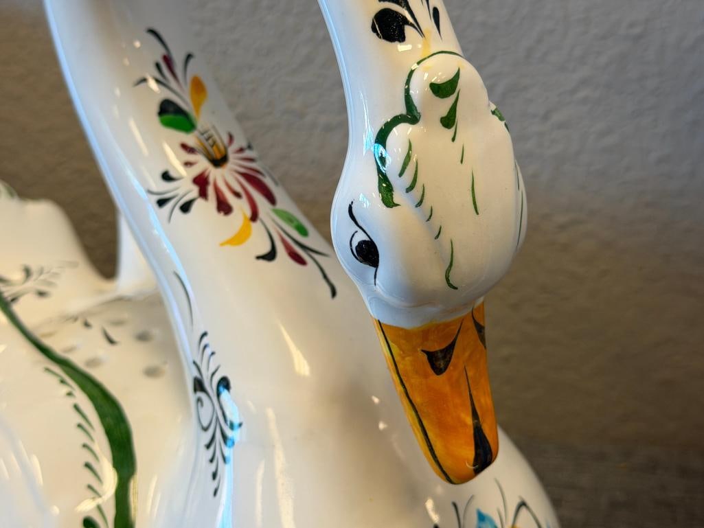 R.C. & CAL. HAND PAINTED PORTUGAL POTTERY SWAN PLANTER WITH COLORFUL MOTIF - 12