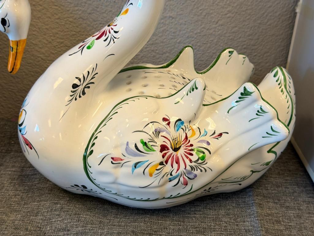 R.C. & CAL. HAND PAINTED PORTUGAL POTTERY SWAN PLANTER WITH COLORFUL MOTIF - 2