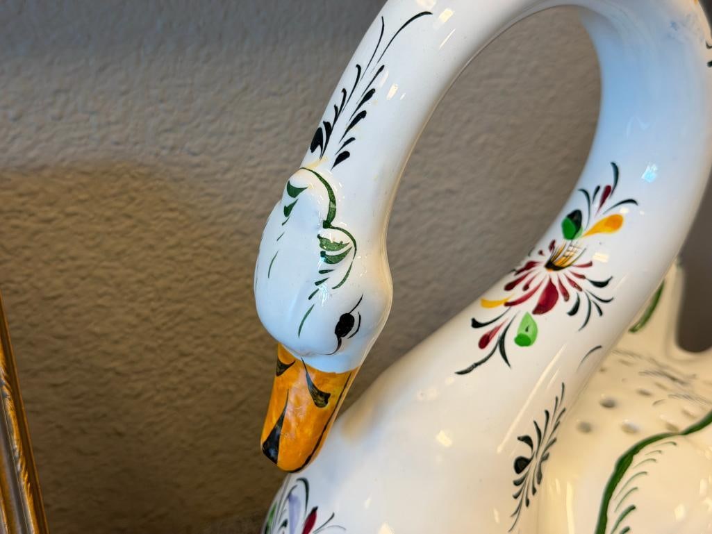 R.C. & CAL. HAND PAINTED PORTUGAL POTTERY SWAN PLANTER WITH COLORFUL MOTIF - 3