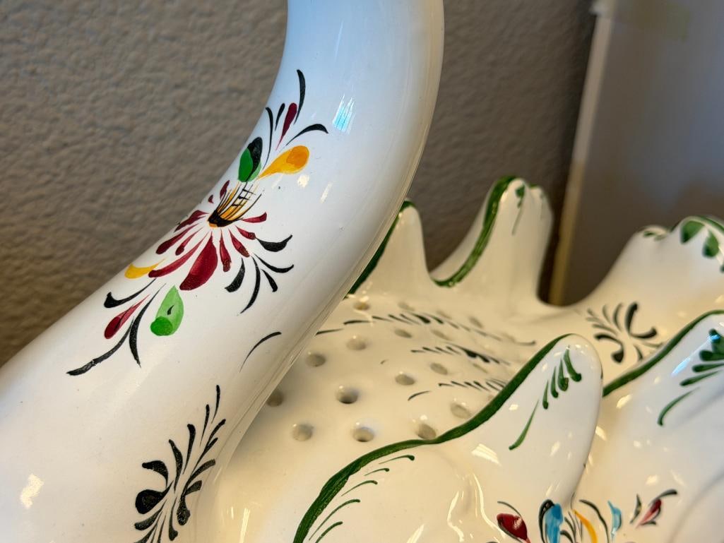 R.C. & CAL. HAND PAINTED PORTUGAL POTTERY SWAN PLANTER WITH COLORFUL MOTIF - 4