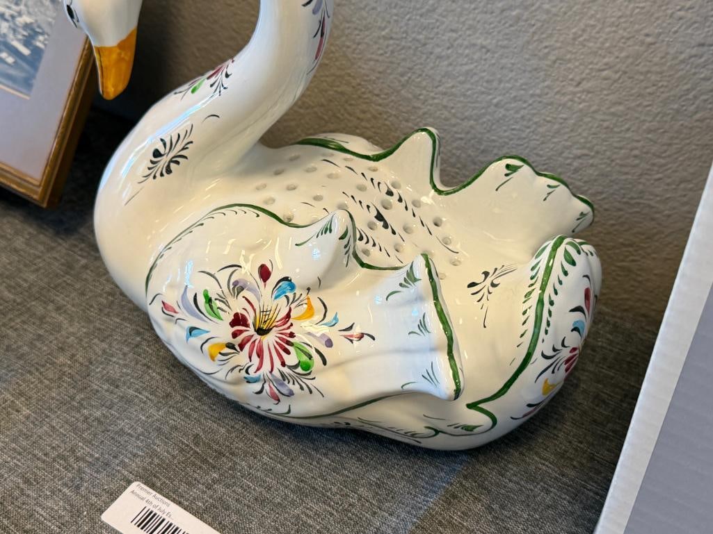 R.C. & CAL. HAND PAINTED PORTUGAL POTTERY SWAN PLANTER WITH COLORFUL MOTIF - 5