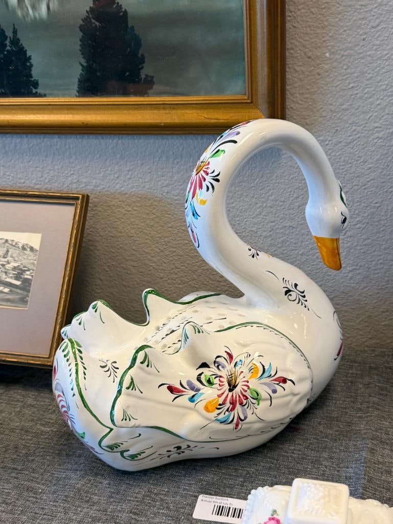 R.C. & CAL. HAND PAINTED PORTUGAL POTTERY SWAN PLANTER WITH COLORFUL MOTIF - 6