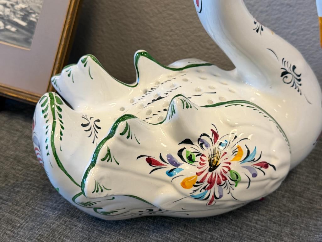 R.C. & CAL. HAND PAINTED PORTUGAL POTTERY SWAN PLANTER WITH COLORFUL MOTIF - 7