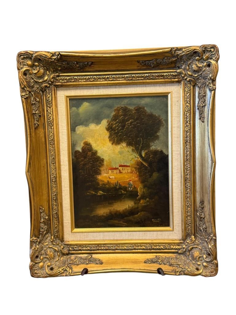 HENRY RAMIREZ ARGENTINIAN ARTIST ORIGINAL OIL ON CANVAS BOARD PAINTING LANDSCAPE: 20TH CENTURY ARTIST, ART DEPICTS LANDSCAPE SCENE WITH BUILDINGS IN THE BACKGROUND, SIGNED LOWER RIGHT, FRAMED 16" X 19" FRAME