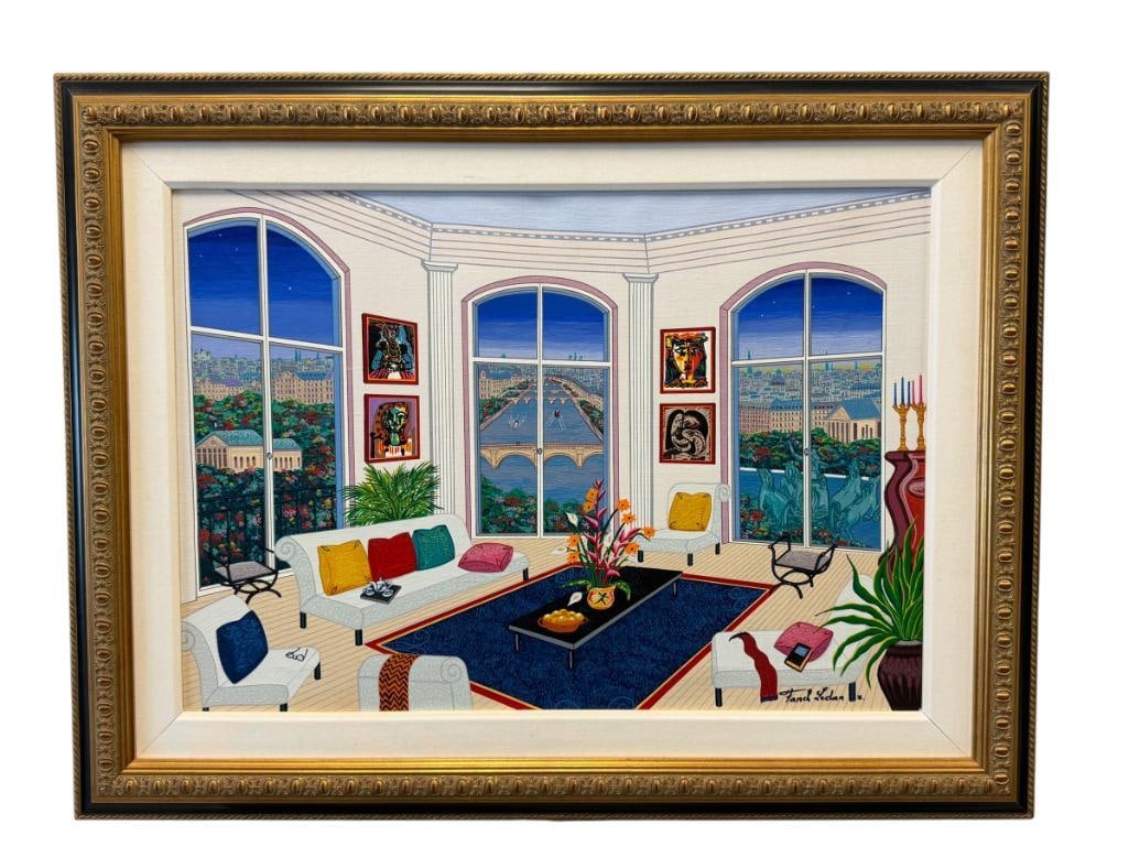 FANCH LEDAN FRENCH ARTIST SERIGRAPH ON LINEN TITLED PICASSO IN PARIS 1996: FANCH LEDAN (B. 1949) IS A 20TH CENTURY FRENCH ARTIST, ART DEPICTS VIBRANT ROOM WITH ART ON THE WALLS ITH SCENE OF WATER WAY AND CITY, SIGNED LOWER RIGHT, FRAMED 37" X 28" FRAME
