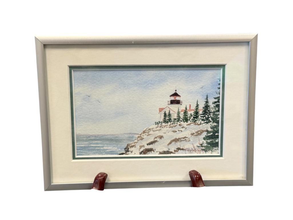 STANLEY KEIRSTEAD NORTHEAST AMERICAN ARTIST ORIGINA MINIATURE WATERCOLOR BASS HARBOR LIGHT: 20TH CENTURY AMERICAN ARTIST, ART DEPICTS SCENE OF A LIGHTHOUSE WITH SEAGULLS, SIGNED LOWER RIGHT, ARTIST CARD ON THE BACK, FRAMED 7" X 5" FRAME
