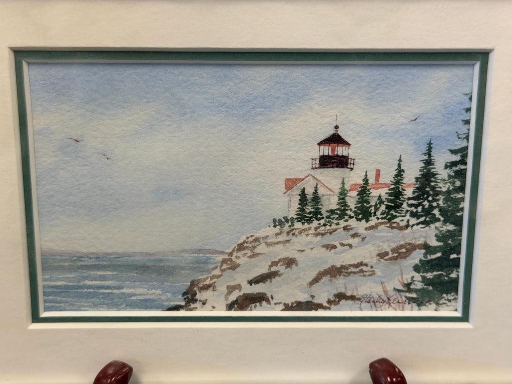 STANLEY KEIRSTEAD NORTHEAST AMERICAN ARTIST ORIGINAL MINIATURE WATERCOLOR BASS HARBOR LIGHT - 2