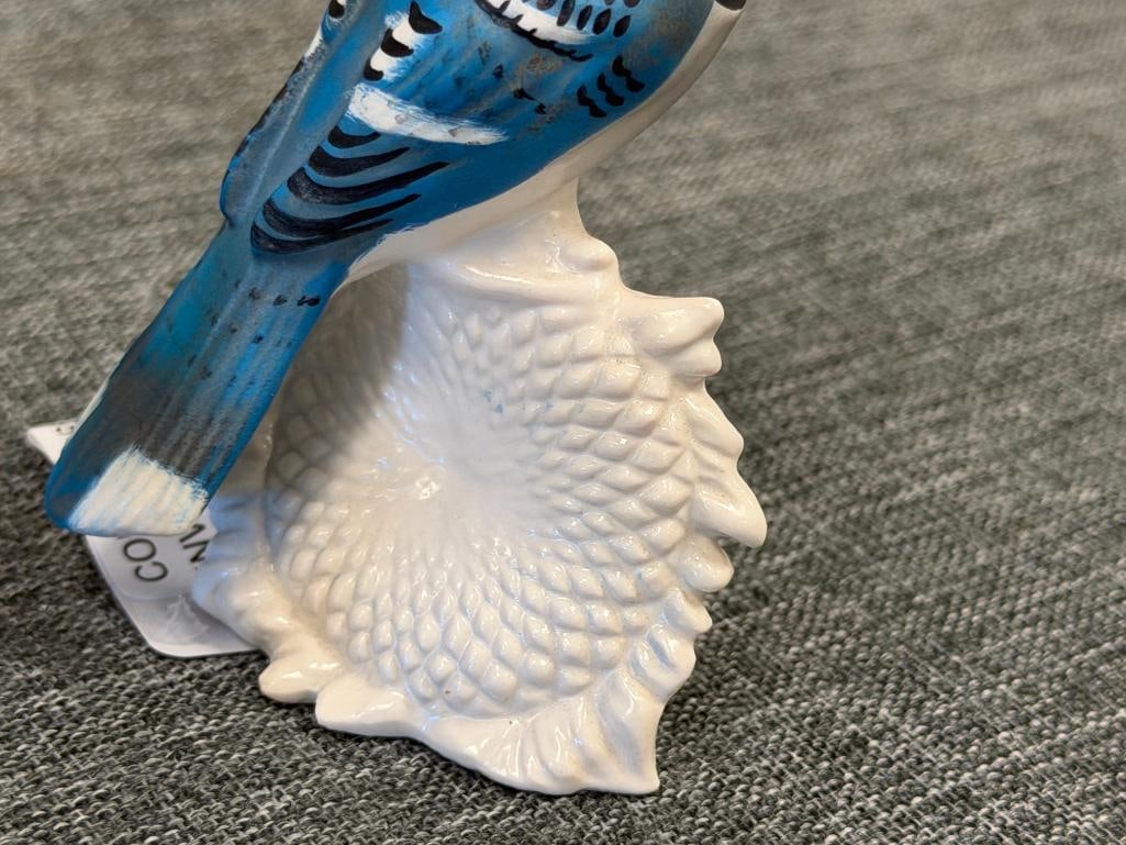 GOEBEL BISQUE PORCELAIN SONG THRUSH BIRD CV115 AND GOEBEL BLUE JAY ON SUNFLOWER 38527 - 8