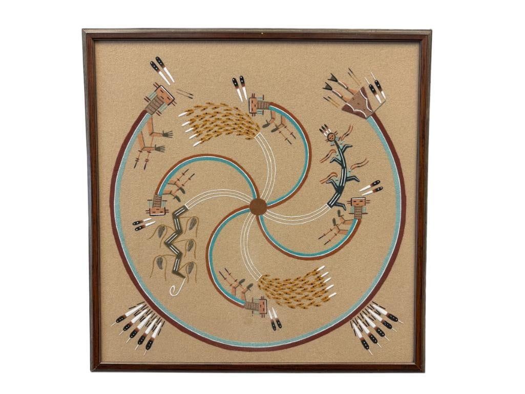 EDWARD CURTIS NATIVE AMERICAN NAVAJO SAND ART PAINTING RAINBOW PEOPLE / FOUR SACRED PLANTS: ART DEPICTS CENTRAL LIFE WITH RAINBOW FIGURES EXTENDING OUTWARD, SYMBOLIZING PEACE / UNITY / HEALING, SIGNED ON THE BACK BY THE ARTIST, FRAMED 25 1/2" X 25 1/2 FRAME 