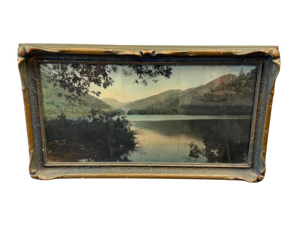 VINTAGE HAND COLORED OIL PHOTOGRAPH BLUE LAKE, LAKE COUNTY, CALIFORNIA NO. 605: 20TH CENTURY HAND COLORED PHOTOGRAPH OF BLUE LAKE, ORIGINAL LABEL ON THE BACK, FRAMED 23" X 13" FRAME