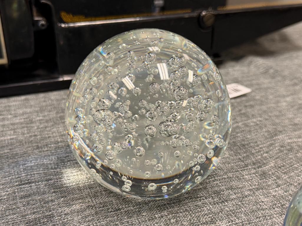 FOUR HAND BLOWN ART GLASS PAPERWEIGHTS, BUBBLE CENTER, JELLY FISH, BUBBLED, AND IRIDESCENT - 10