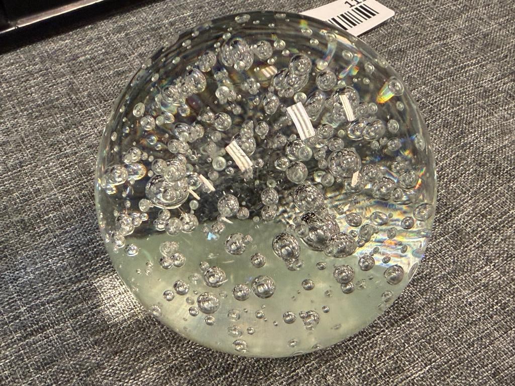 FOUR HAND BLOWN ART GLASS PAPERWEIGHTS, BUBBLE CENTER, JELLY FISH, BUBBLED, AND IRIDESCENT - 11