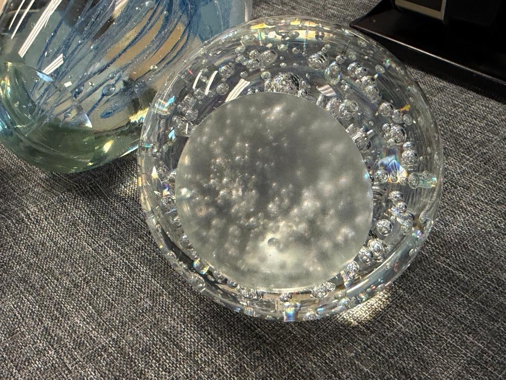 FOUR HAND BLOWN ART GLASS PAPERWEIGHTS, BUBBLE CENTER, JELLY FISH, BUBBLED, AND IRIDESCENT - 12