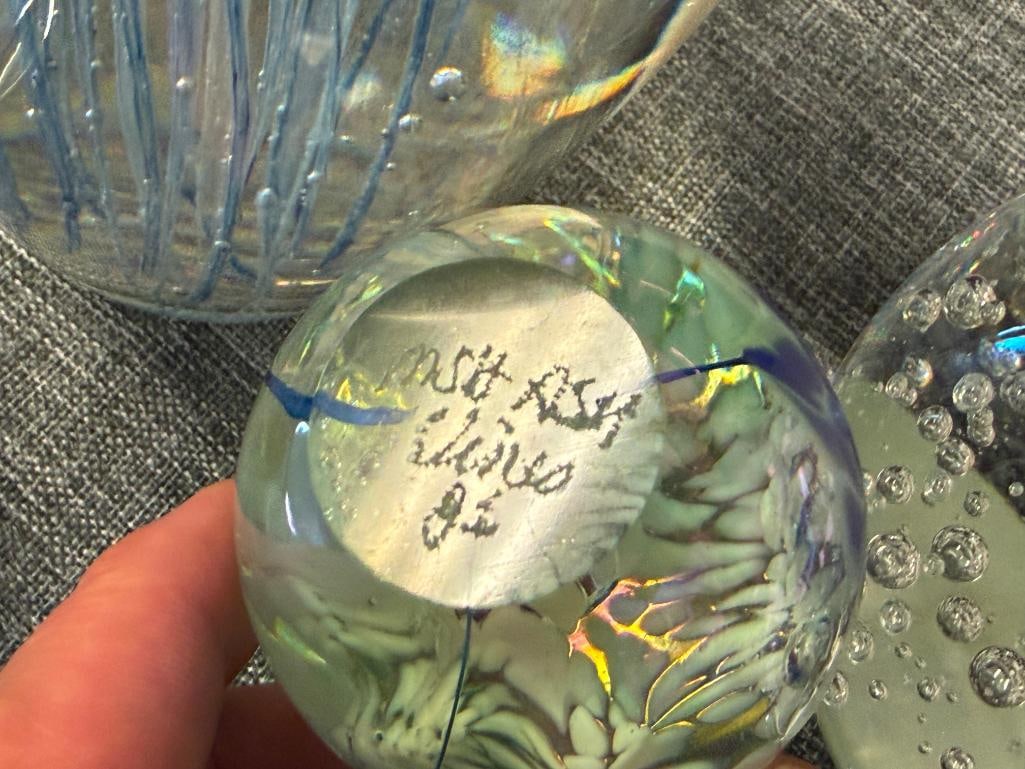 FOUR HAND BLOWN ART GLASS PAPERWEIGHTS, BUBBLE CENTER, JELLY FISH, BUBBLED, AND IRIDESCENT - 6