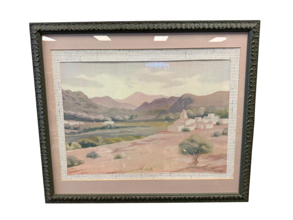 RAUL ESPONIZA CALIFORNIA ARTIST SIGNED PRINT TITLED LA VISTA: RAUL ESPONIZA WAS PRESIDENT AND INSTRUCTOR AT THE SAN DIEGO AIR BRUSH ACADEMY, ART DEPICTS DESERT LANDSCAPE / SOUTHWEST LANDSCAPE SCENE, SIGNED LOWER RIGHT, FRAMED 26" X 22" FRAME