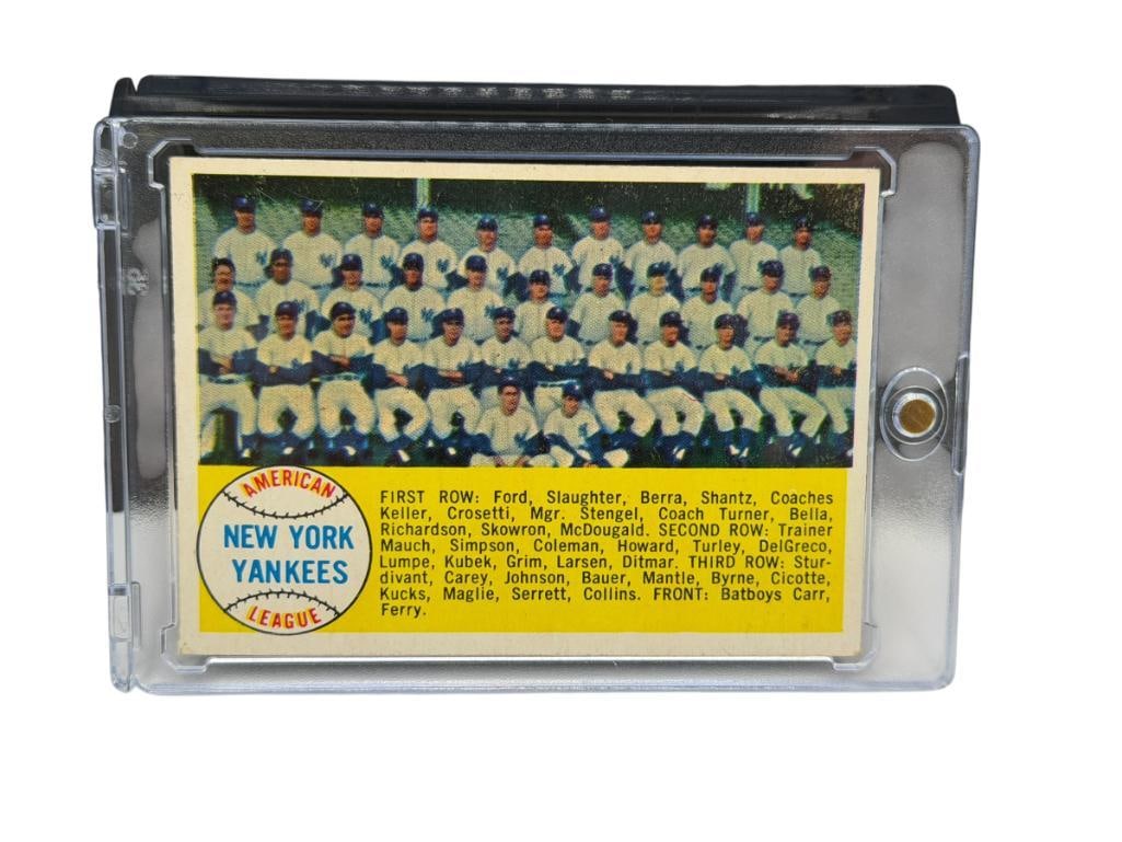 1958 TOPPS #246 NEW YORK YANKEES TEAM BASEBALL CARD: FEATURING HALL OF FAMERS LIKE MICKEY MANTLE, YOGI BERRA, WHITEY FORD, AND OTHERS, AMERICAN LEAGUE, RARE CARD, SEE PHOTOS FOR CONDITION, FROM THE ESTATE OF A LOCAL RENO, NV DOCTOR AT RENOWN WHO RAN BIG