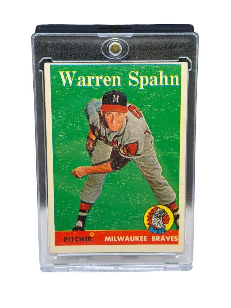 1958 TOPPS #270 WARREN SPAHN BASEBALL CARD: WARREN SPAHN, MILWAUKEE BRAVES, HALL OF FAMER, RARE CARD, SEE PHOTOS FOR CONDITION, FROM THE ESTATE OF A LOCAL RENO, NV DOCTOR AT RENOWN WHO RAN BIG LEAGUE SPORTS MEDICINE BASEBALL CAMP FOR NEARL