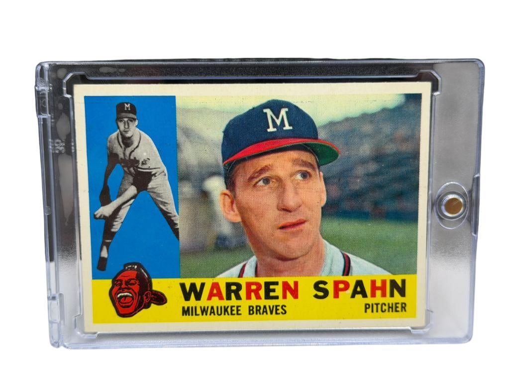 1960 TOPPS # 445 WARREN SPAHN BASEBALL CARD: WARREN SPAHN, MILWAUKEE BRAVES, HALL OF FAMER, RARE CARD, SEE PHOTOS FOR CONDITION, FROM THE ESTATE OF A LOCAL RENO, NV DOCTOR AT RENOWN WHO RAN BIG LEAGUE SPORTS MEDICINE BASEBALL CAMP FOR NEARL
