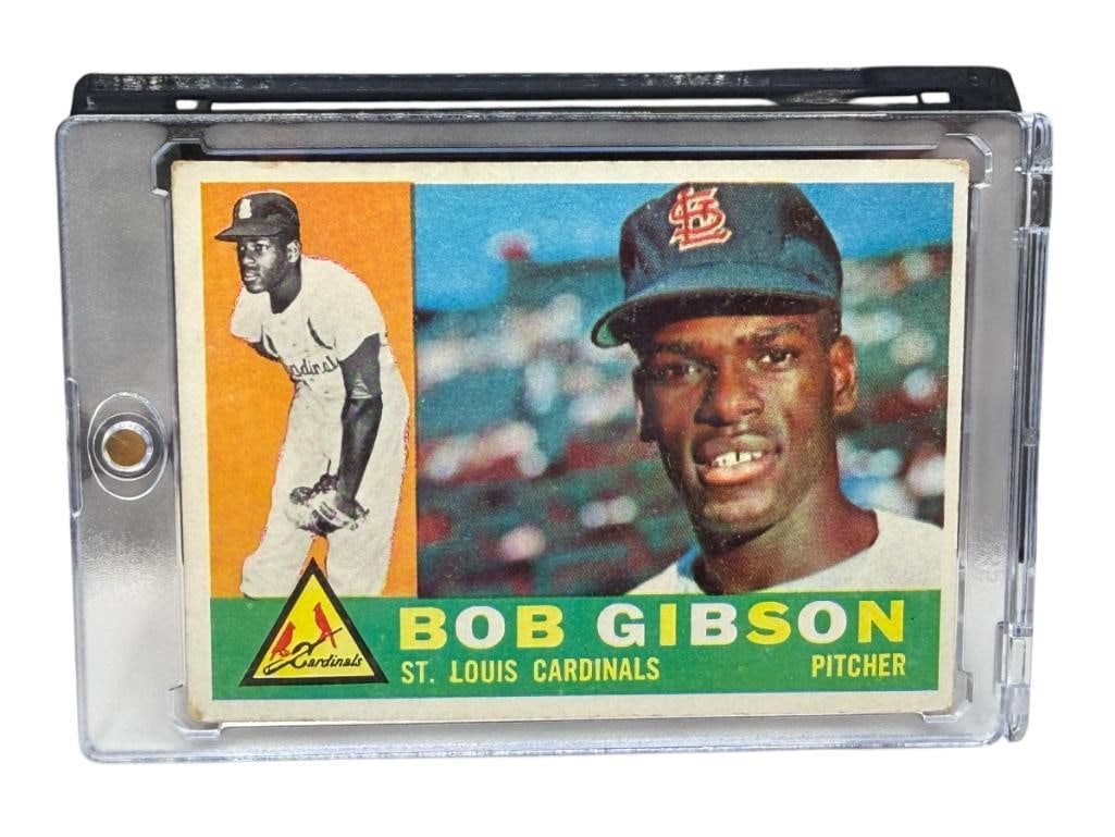 1960 TOPPS #73 BOB GIBSON ROOKIE BASEBALL CARD: BOB GIBSON, ST. LOUIS CARDINALS, HALL OF FAMER, RARE CARD, SEE PHOTOS FOR CONDITION, FROM THE ESTATE OF A LOCAL RENO, NV DOCTOR AT RENOWN WHO RAN BIG LEAGUE SPORTS MEDICINE BASEBALL CAMP FOR NEAR