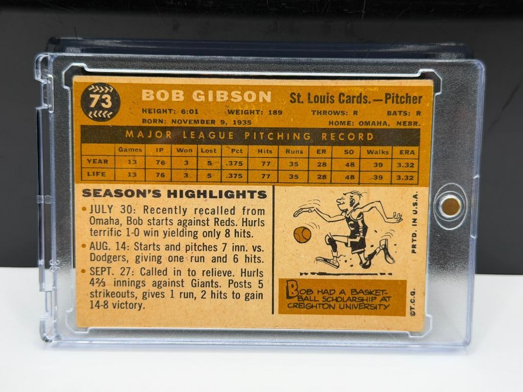 1960 TOPPS #73 BOB GIBSON ROOKIE BASEBALL CARD - 7