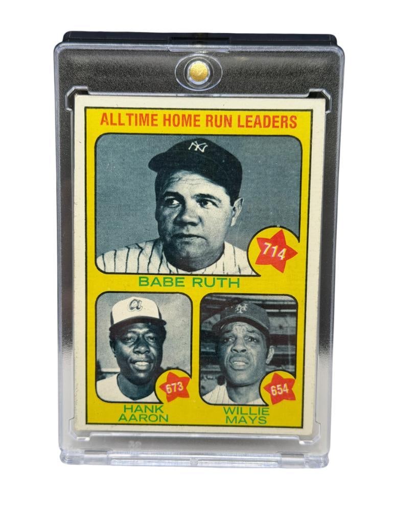 1973 TOPPS #1 ALL-TIME HOME RUN LEADERS BABE RUTH, HANK AARON, AND WILLIE MAYS BASEBALL CARD: BABE RUTH 714, HANK AARON 673, AND WILLIE MAYS 654, THREE HALL OF FAMERS, RARE CARD, SEE PHOTOS FOR CONDITION, FROM THE ESTATE OF A LOCAL RENO, NV DOCTOR AT RENOWN WHO RAN BIG LEAGUE SPORTS MEDICINE B