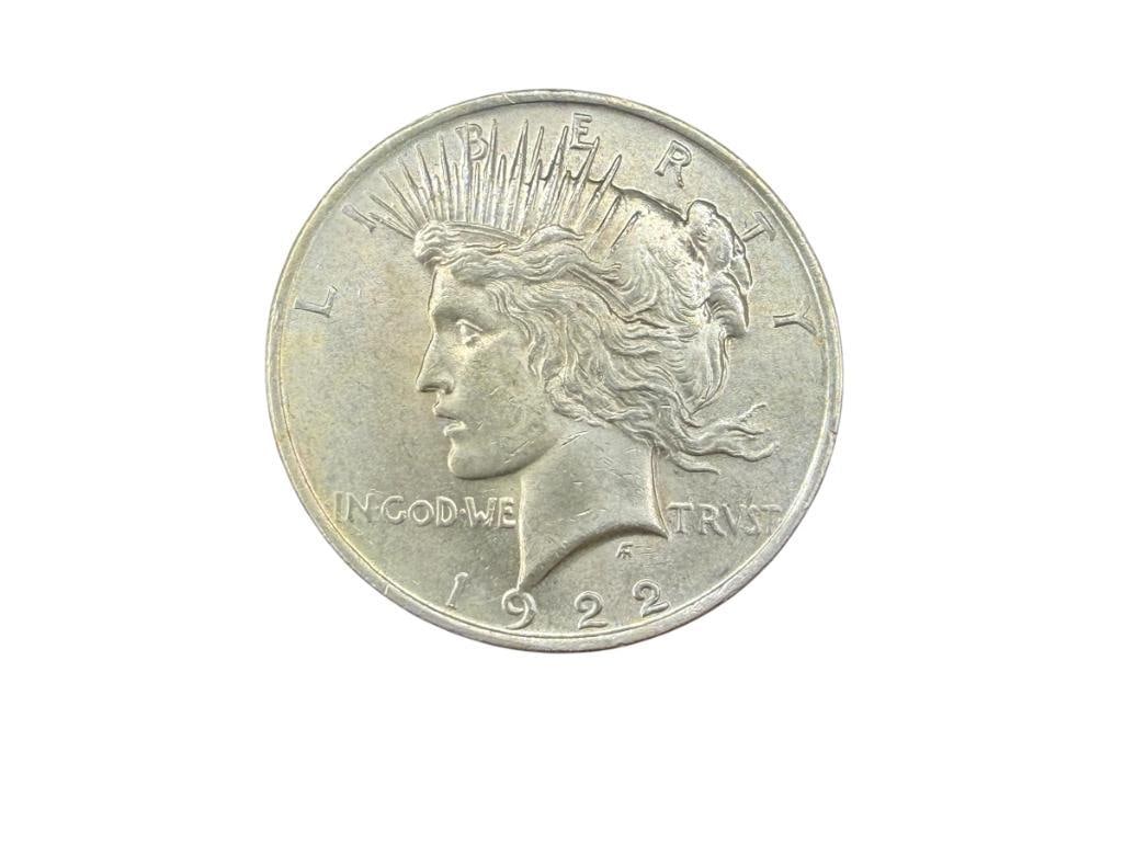 1922 U.S. PEACE SILVER DOLLAR AU: 90% SILVER